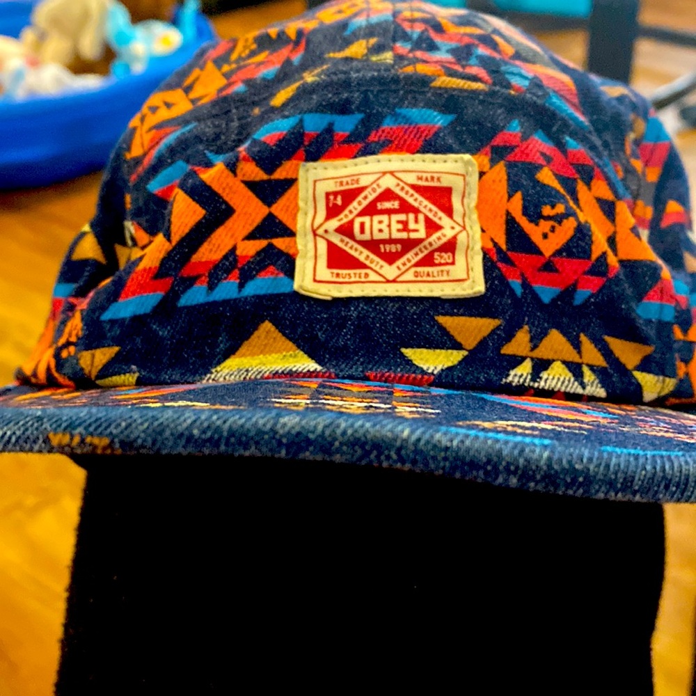 Obey Five Panel Aztec Southwestern Tribal Leather Strap Back Hat Cap